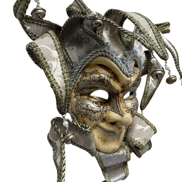 Jester Mask Venetian Style Masquerade Mardigras Wearable Golden Silver Brocade C - Picture 3 of 12